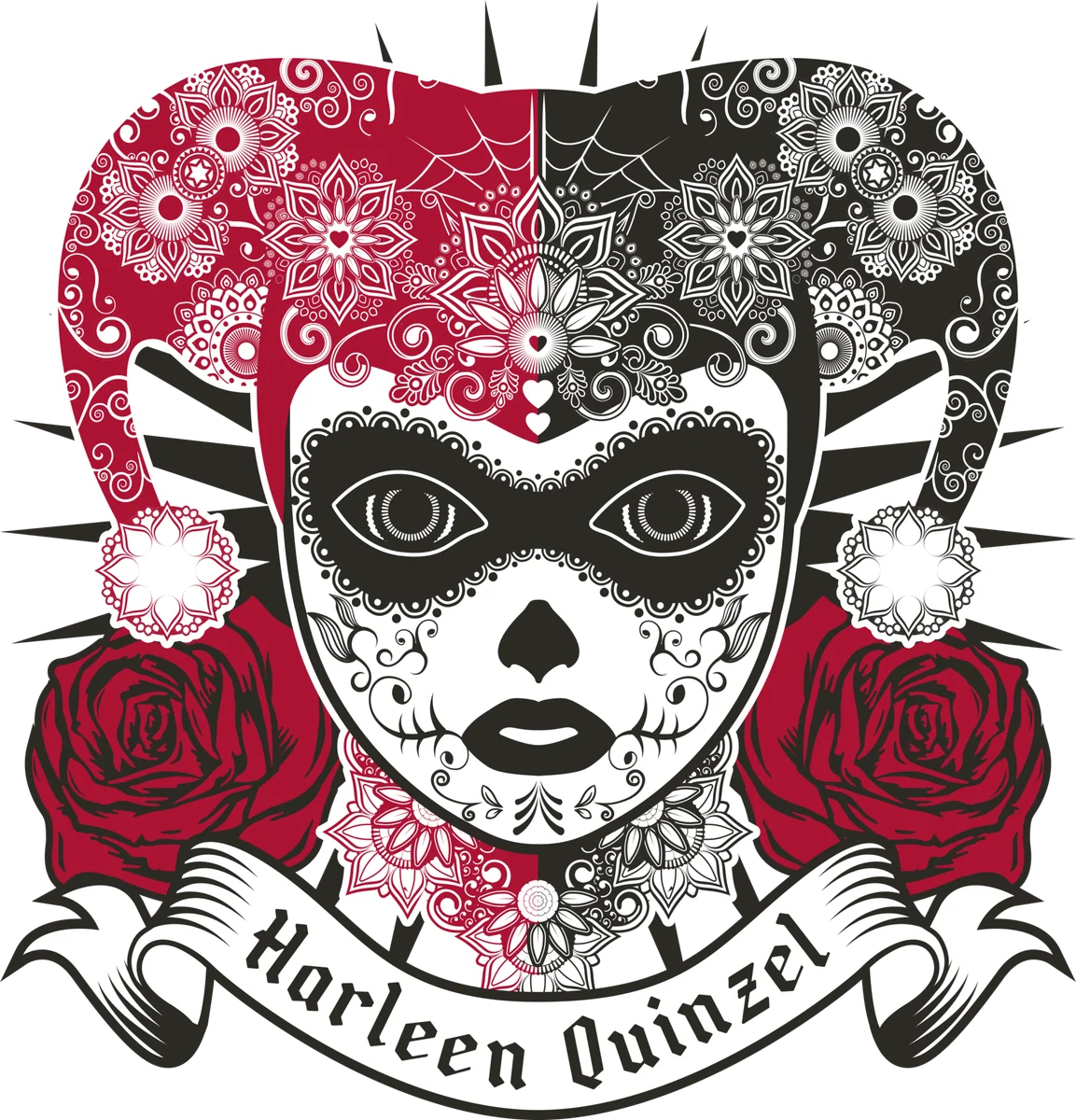 Harlequin-inspired sugar skull illustration