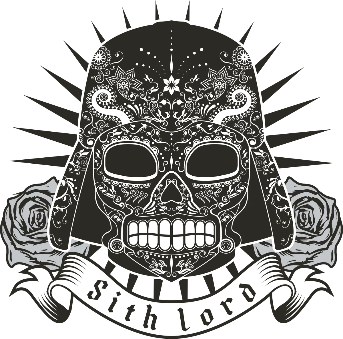 Detailed black and white Sith Lord calavera illustration