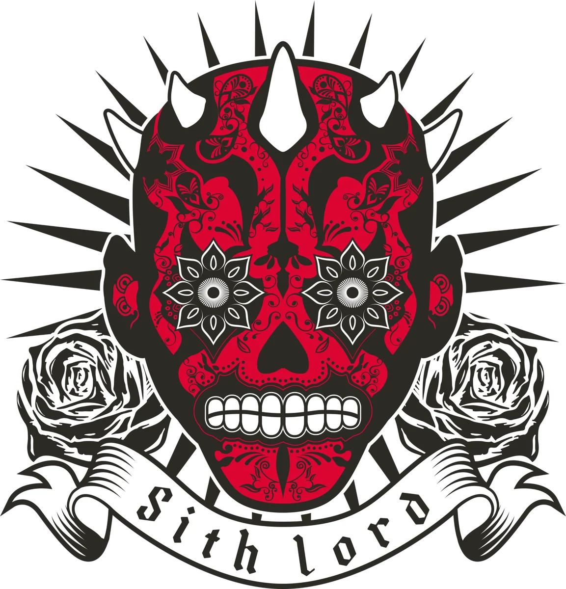 Red and black horned Sith sugar skull illustration