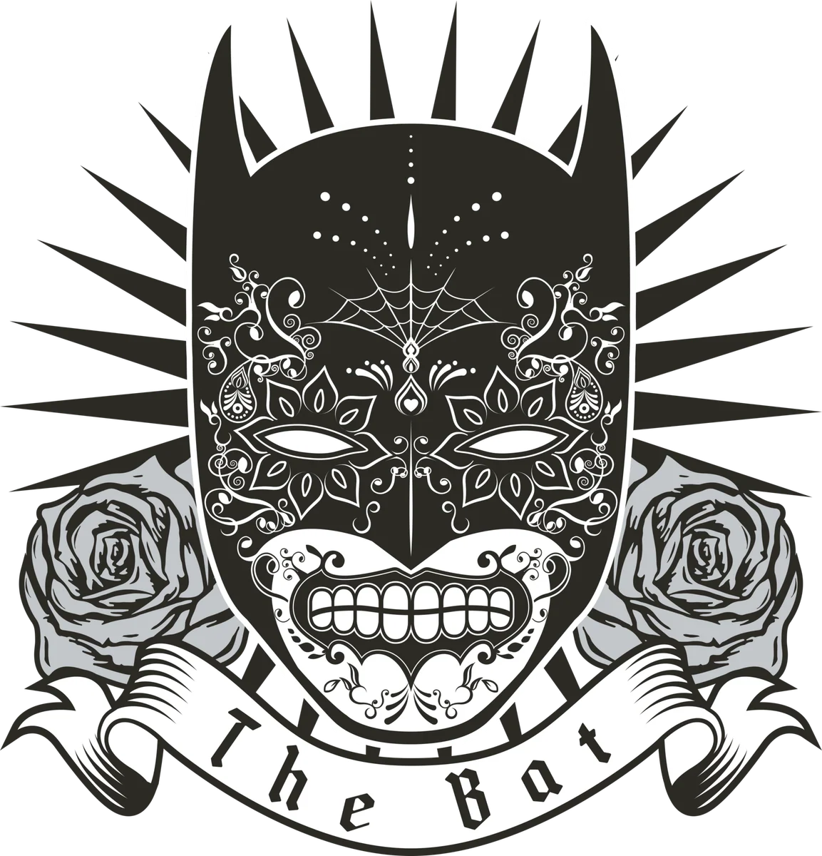 Masked bat hero rendered as an ornate sugar skull